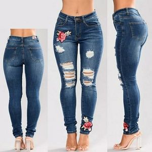 Women Stretch High Waist Skinny Embroidery Jeans